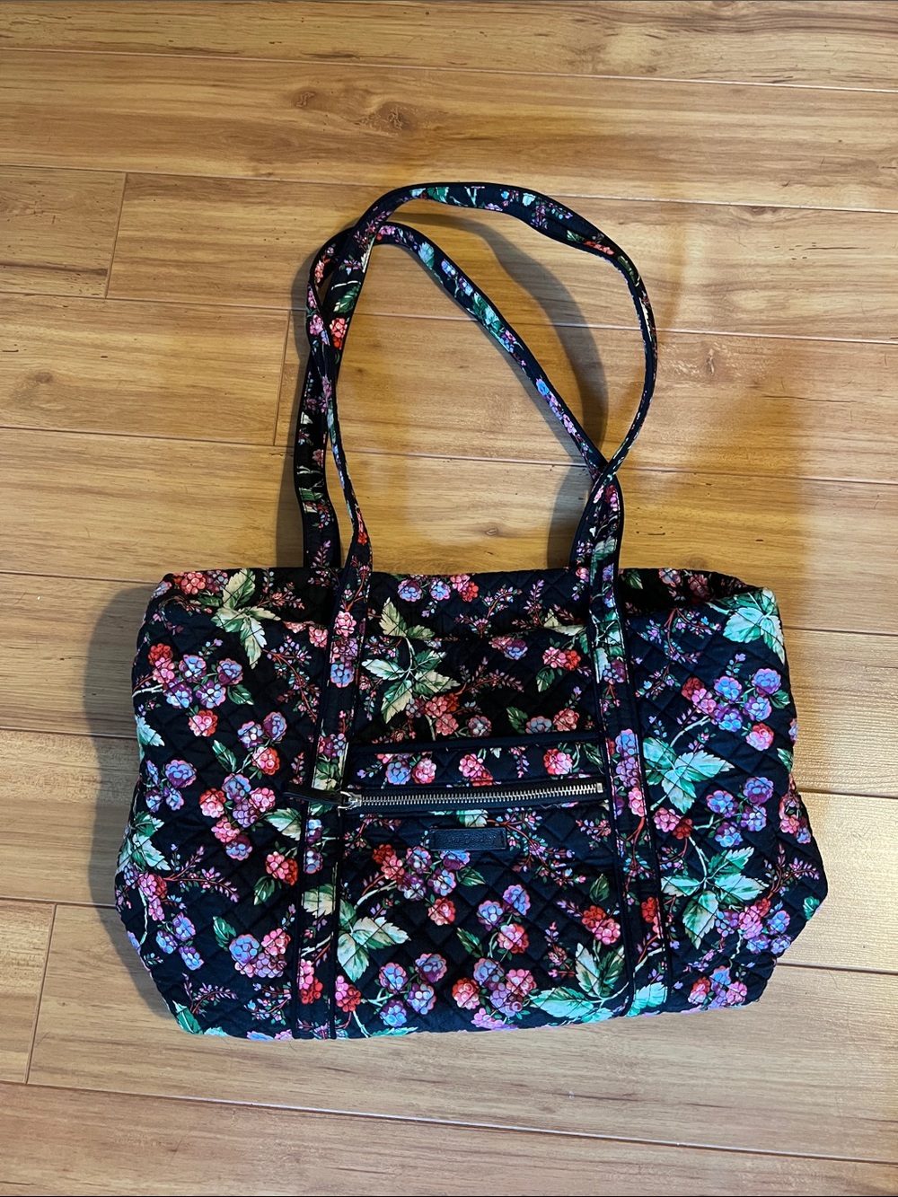 Floral Quilted Tote Bag - Black with Multi-Color Floral Print